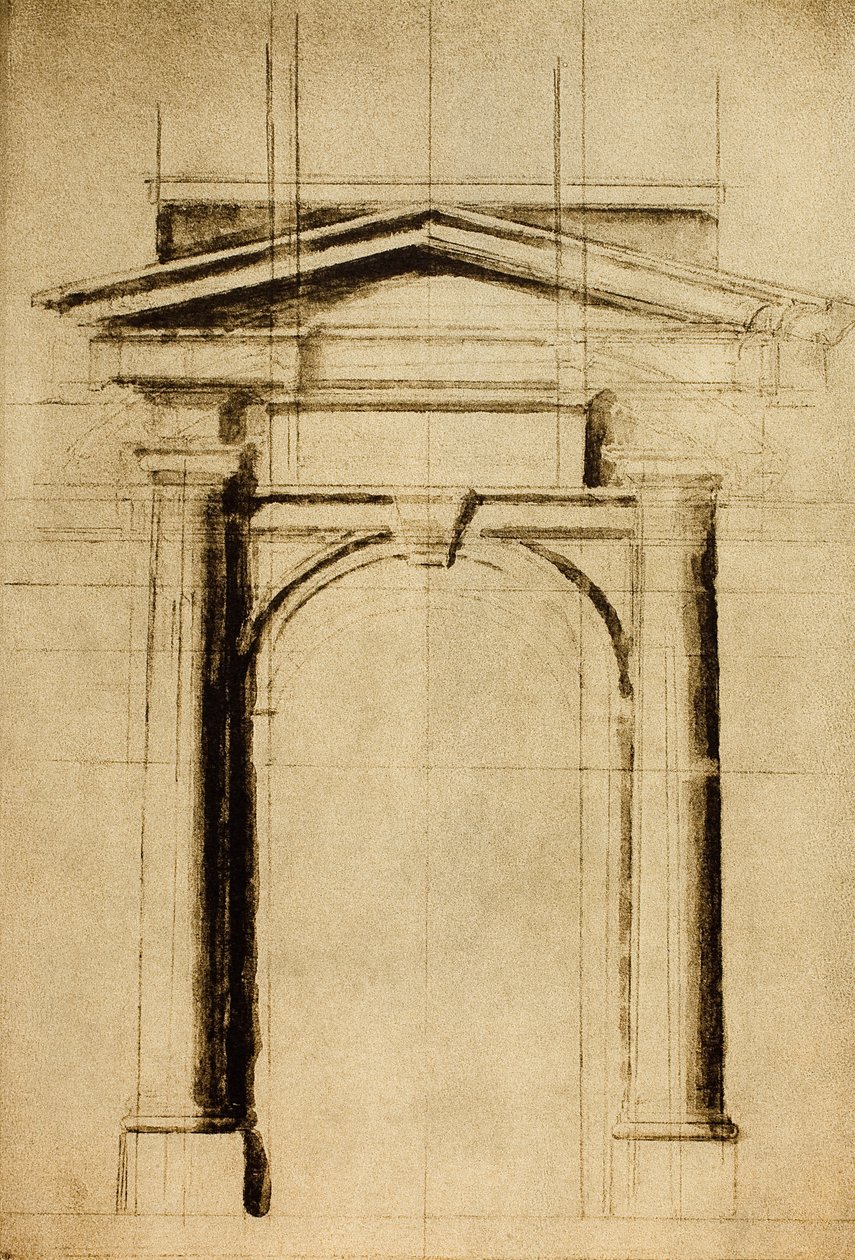 Architektonická studie dveří s trojúhelníkovým tympanonem; kresba Michelangelo. Casa Buonarroti, Florencie od Michelangelo Buonarroti
