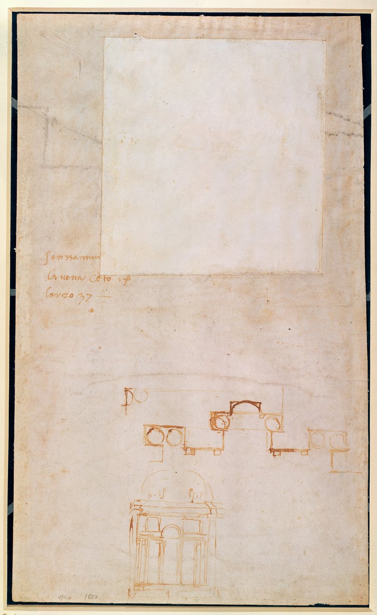 Architektonická studie s poznámkami (hnědé pero na papíře) (recto) od Michelangelo Buonarroti