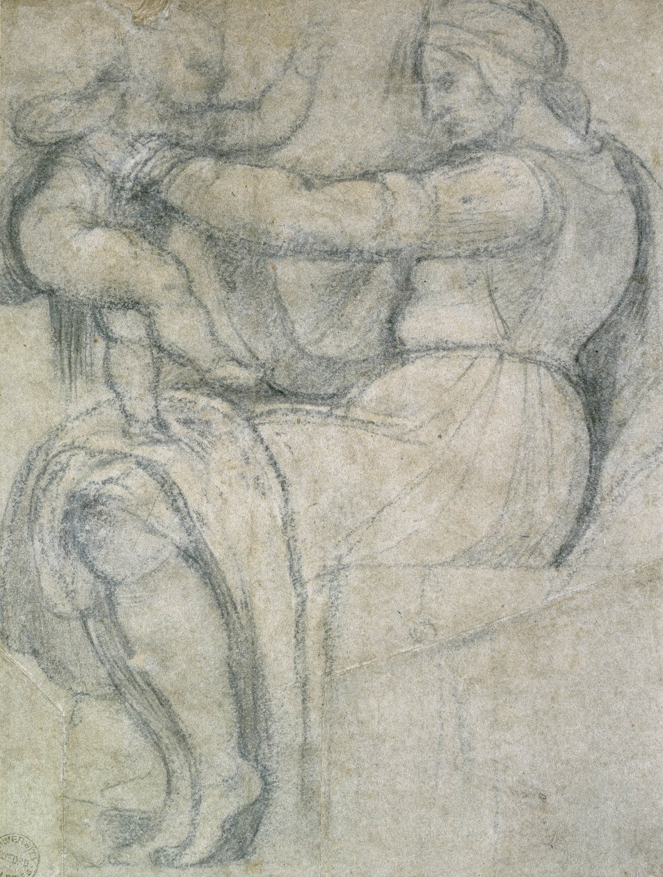 Detail ze Sixtinského stropu (černá křída s doteky bílé křídy na světle žlutohnědém papíře) od Michelangelo Buonarroti