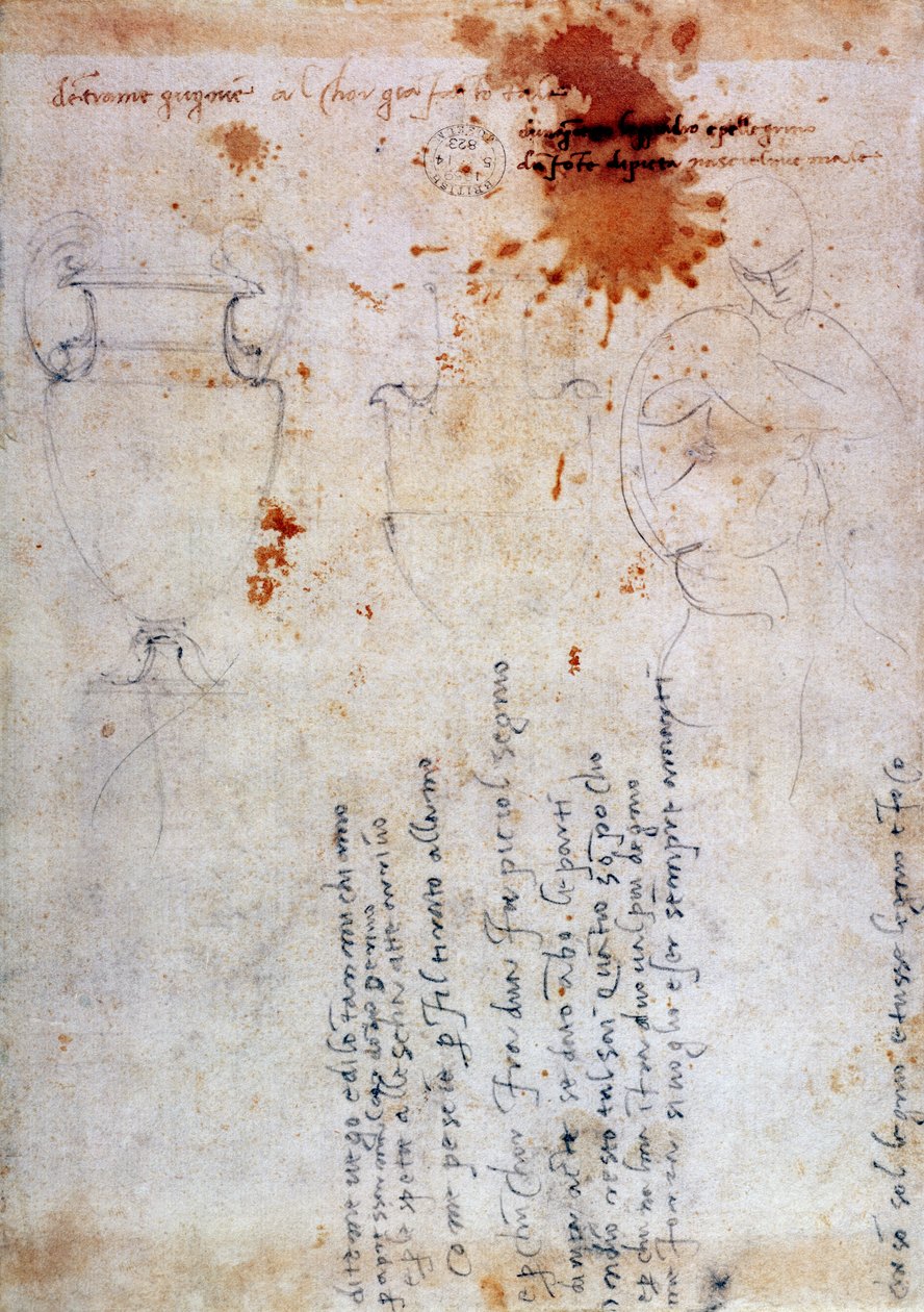 Kresba urny a postavy s poznámkami (hnědý inkoust a tužka na papíře) (verze) od Michelangelo Buonarroti