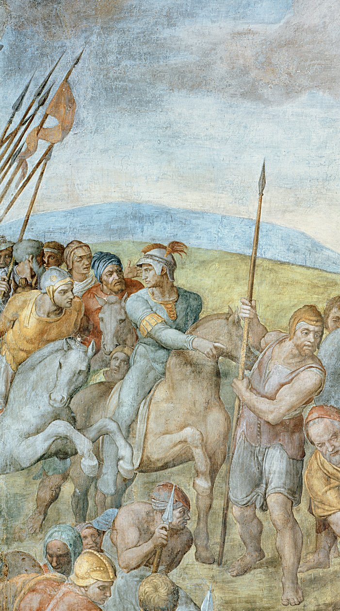 Skupina římských vojáků s vůdcem ukazujícím na svatého Petra na kříži, detail Ukřižování svatého Petra, 1546-50 detail fresky PHD 625 od Michelangelo Buonarroti
