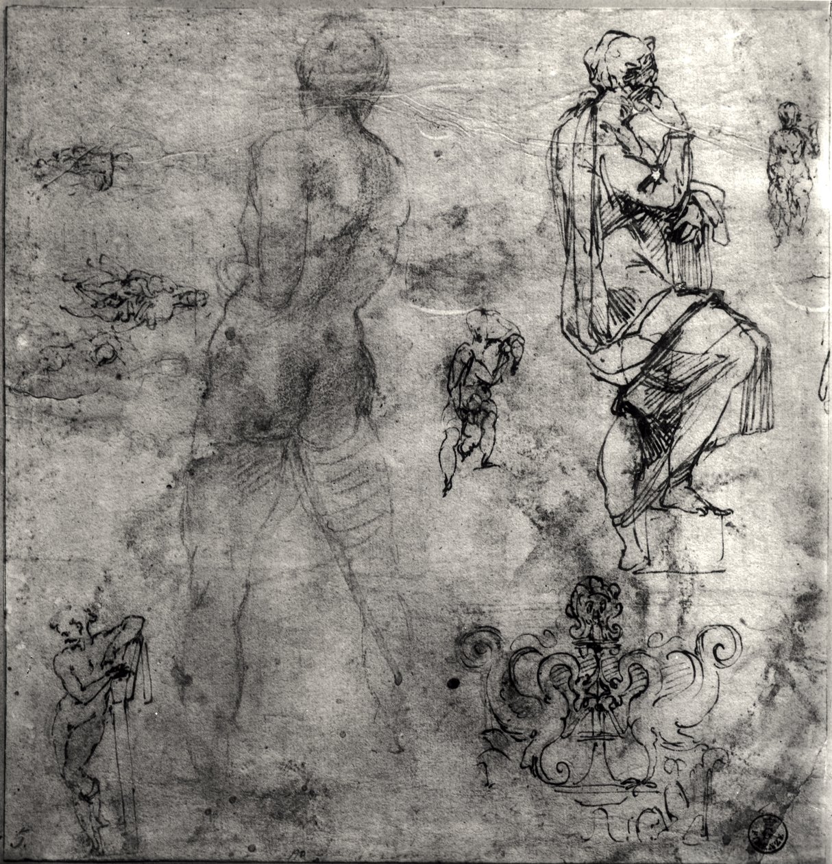 Lidské a architektonické studie (pero, inkoust a tužka na papíře) od Michelangelo Buonarroti