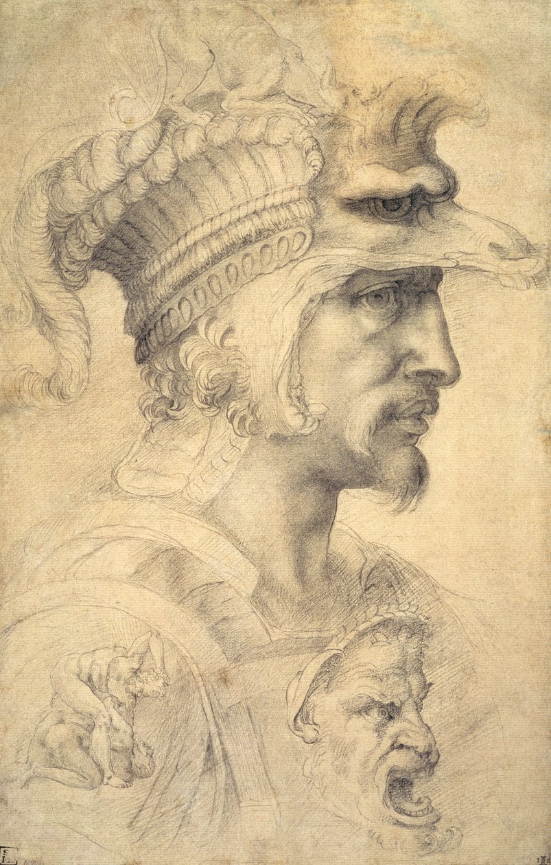 Ideální hlava válečníka (černá křída na papíře) od Michelangelo Buonarroti