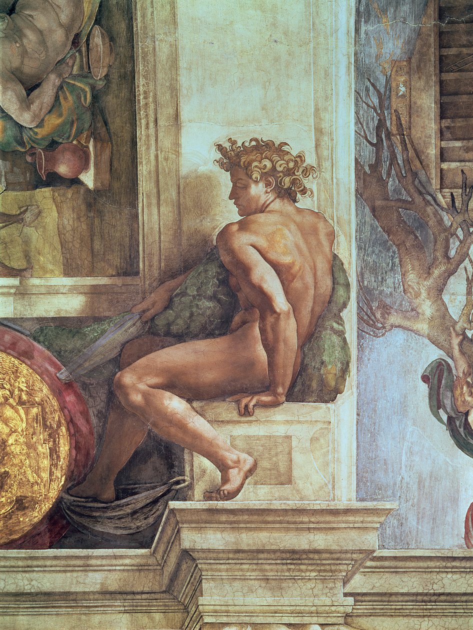 Ignudo ze Sixtinského stropu (před restaurováním) od Michelangelo Buonarroti