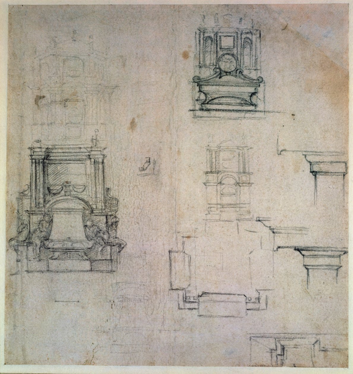 Inv. 1859 6-25-545. R. (W. 25) Návrhy na hrobky (červená křída) od Michelangelo Buonarroti