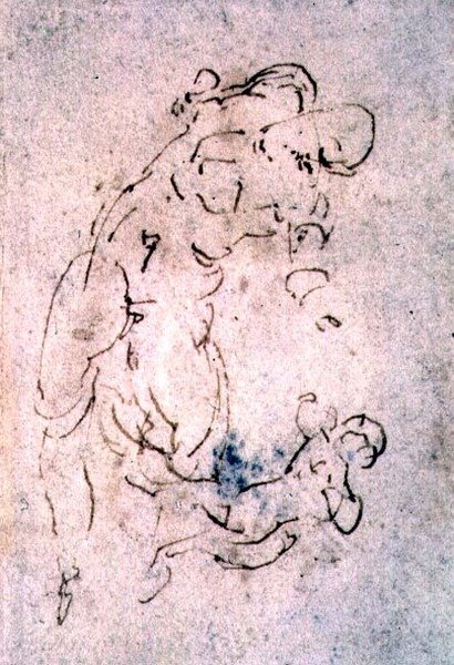 Inv. 1859 6-25-553. R. (W.56) Náčrt ležícího muže a dítěte (červená křída) od Michelangelo Buonarroti