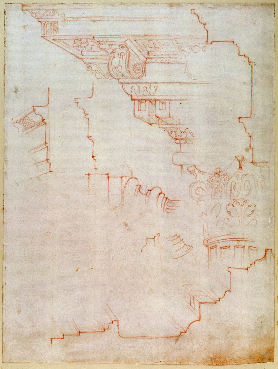 Inv. 1859 25. 6. 5602. R. (W.19) Kresba architektonických detailů (červená křída) od Michelangelo Buonarroti