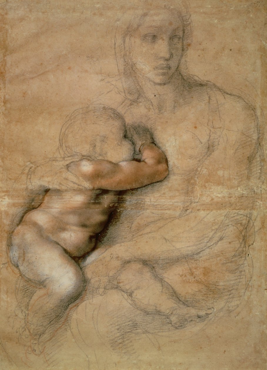 Madona s dítětem, asi 1525 (tužka a červená křída na papíře) od Michelangelo Buonarroti