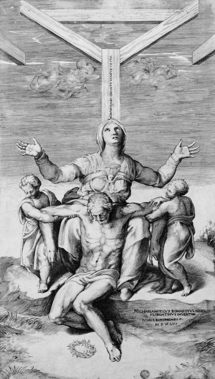 Pieta, vyryl Giulio Bonasone, 1556 od Michelangelo Buonarroti