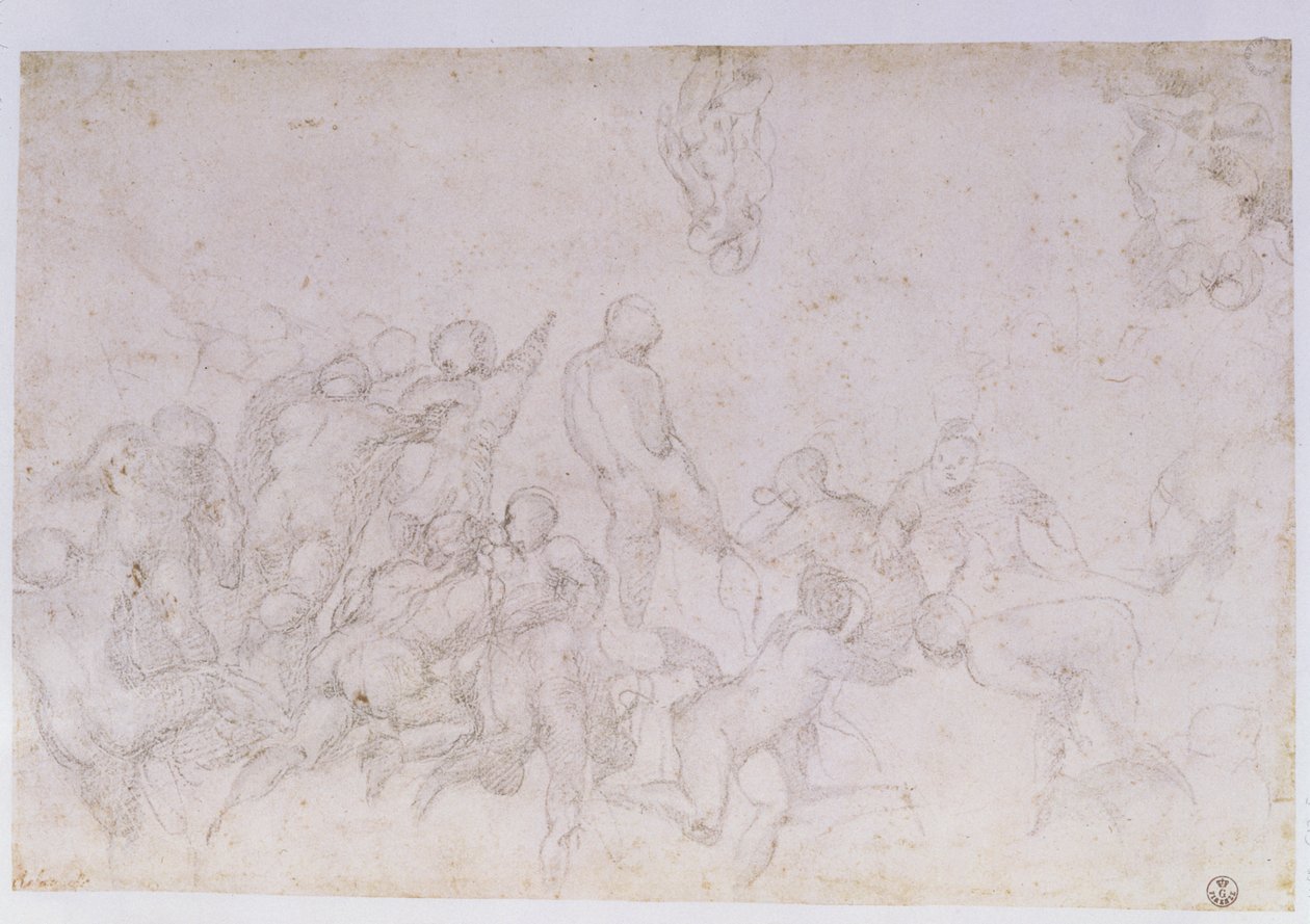 Přípravný náčrt pro „bitvu u Casciny“ a dva další náčrtky (uhl na papíře) (viz také 18057 a 49880) od Michelangelo Buonarroti