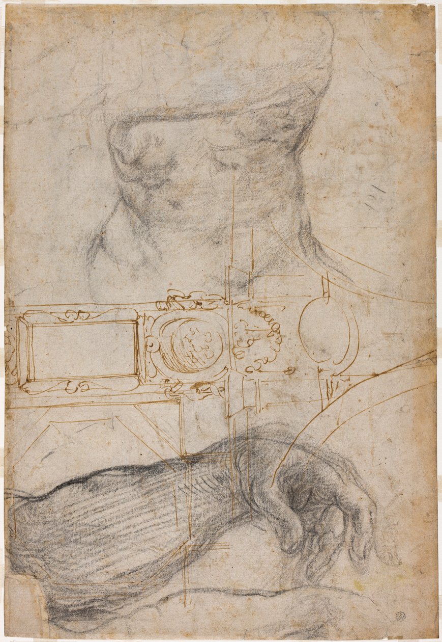 Schéma pro výzdobu stropu Sixtinské kaple, cca 1508 (pero & hnědý inkoust a černá křída na krémově položený papír) od Michelangelo Buonarroti