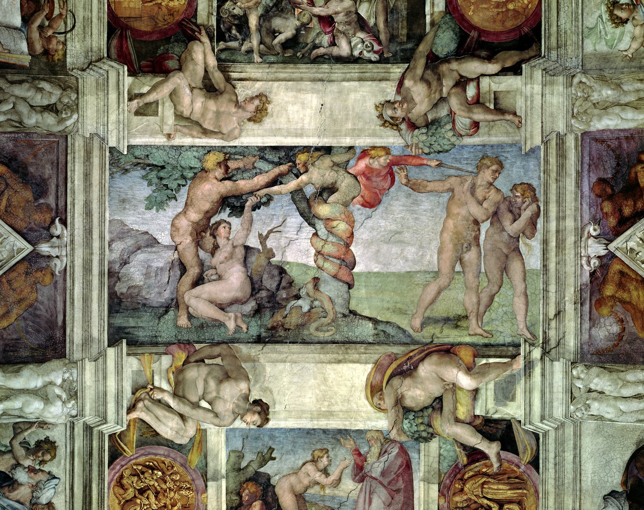 Strop Sixtinské kaple (1508-12): Vyhnání Adama a Evy z rajské zahrady (před restaurováním) od Michelangelo Buonarroti