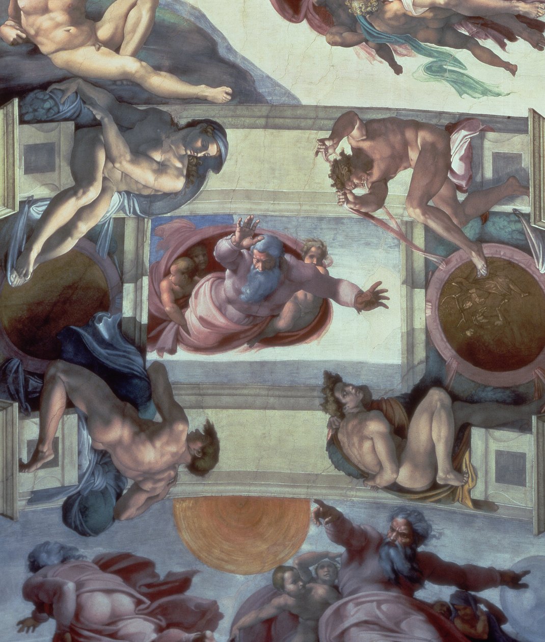 Strop Sixtinské kaple (1508-12): Oddělení vod od Země, 1511-12 (po restaurování) od Michelangelo Buonarroti
