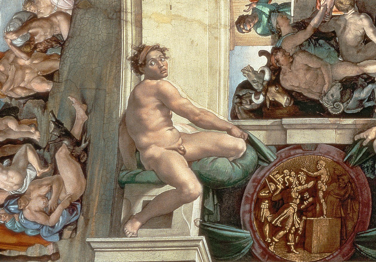 Strop Sixtinské kaple (1508-12) detail jednoho z ignudi (detail 167695) od Michelangelo Buonarroti
