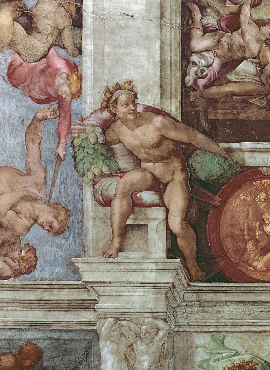 Strop Sixtinské kaple 1508-12: Vyhnání Adama a Evy z rajské zahrady detail fresky před restaurováním 571: Ignudo od Michelangelo Buonarroti