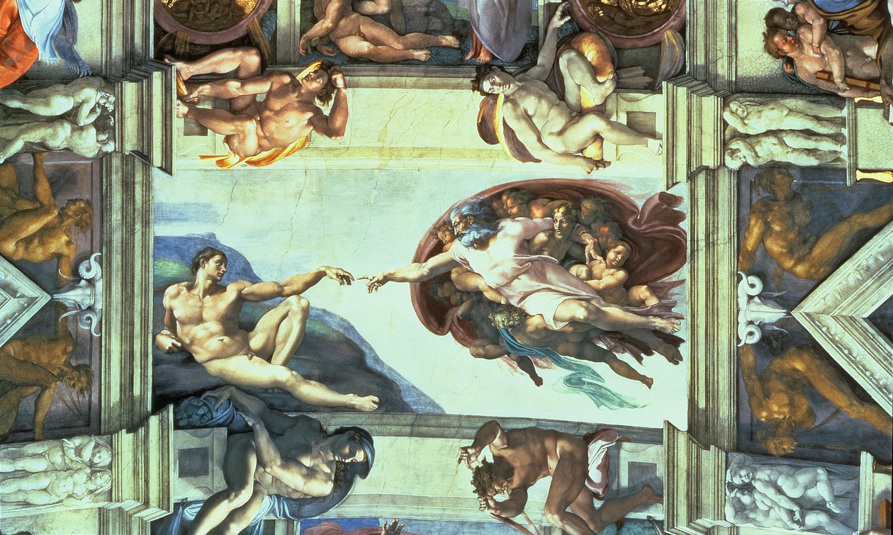 Strop Sixtinské kaple: Stvoření Adama, 1510 (po restaurování) od Michelangelo Buonarroti