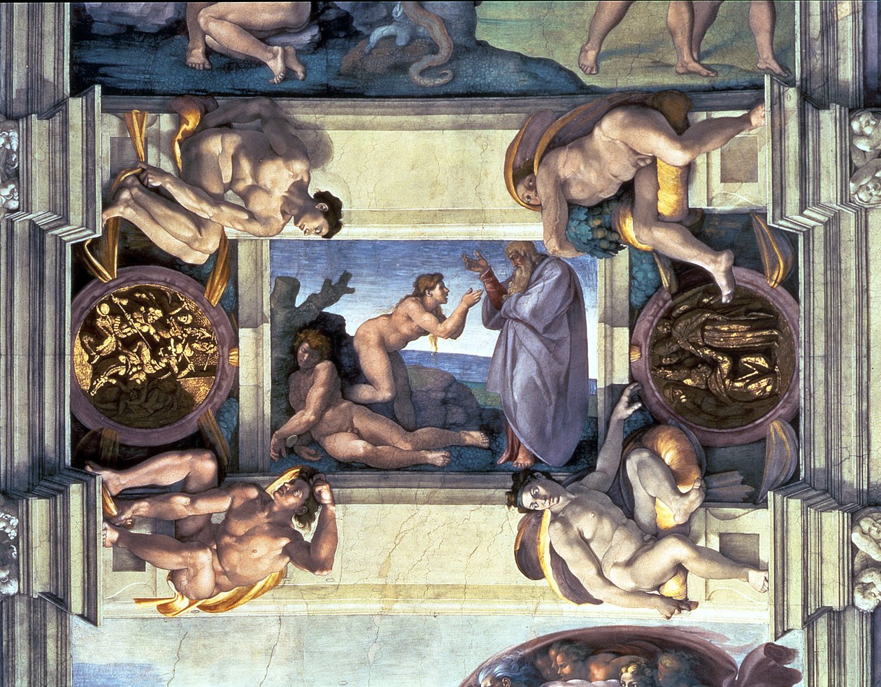 Strop Sixtinské kaple: Stvoření Evy, se čtyřmi Ignudi, 1510 (po restaurování) od Michelangelo Buonarroti