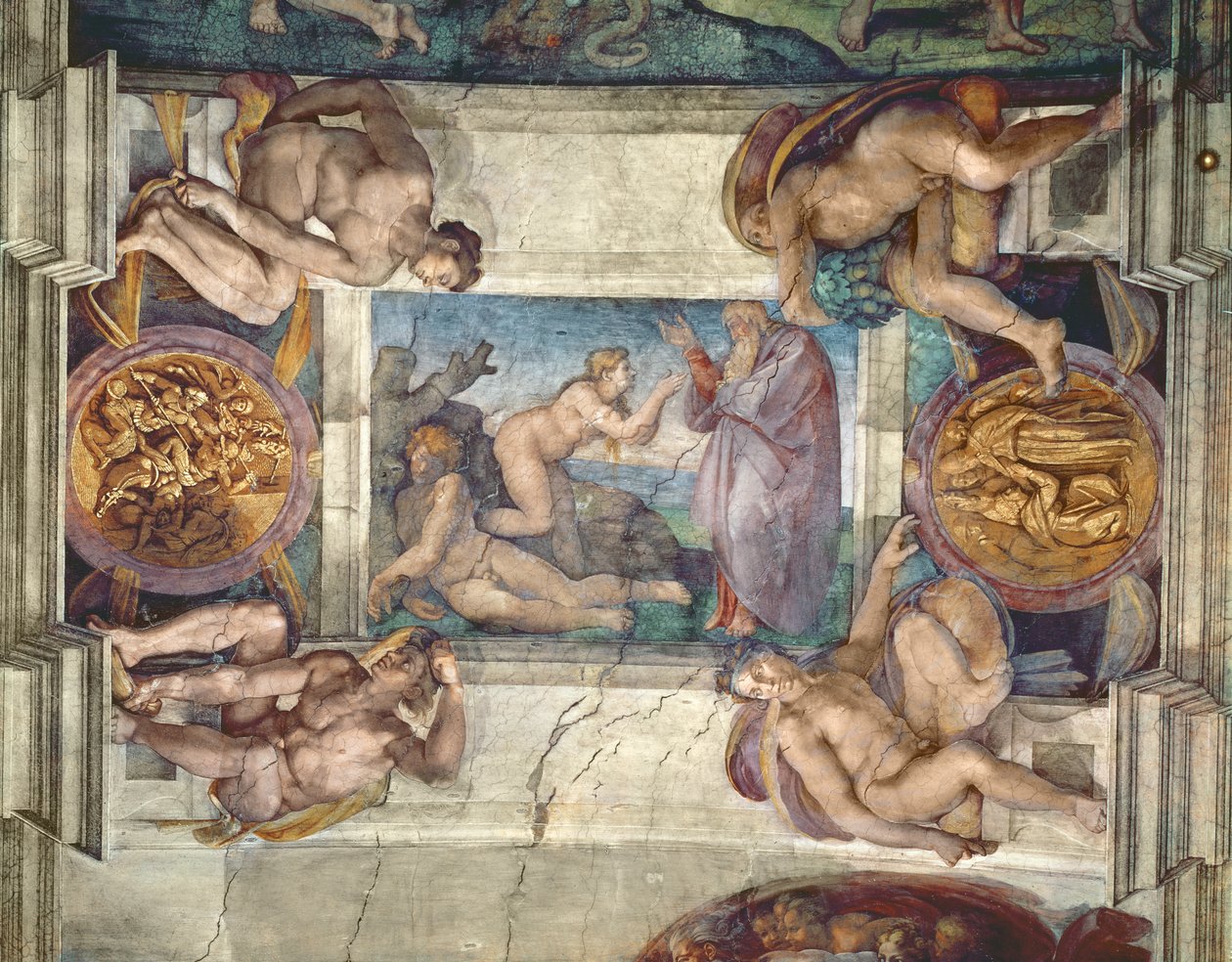 Strop Sixtinské kaple: Stvoření Evy, se čtyřmi Ignudi, 1510 (před restaurováním) od Michelangelo Buonarroti
