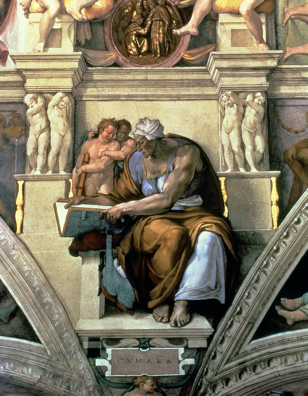 Strop Sixtinské kaple: Kumská Sibyla, 1510 (po restaurování) od Michelangelo Buonarroti