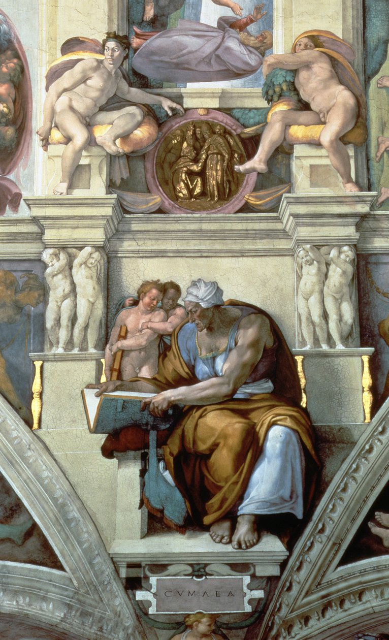 Strop Sixtinské kaple: Kumejská Sibyla, detail fresky z roku 1510 po restaurování 76588 od Michelangelo Buonarroti