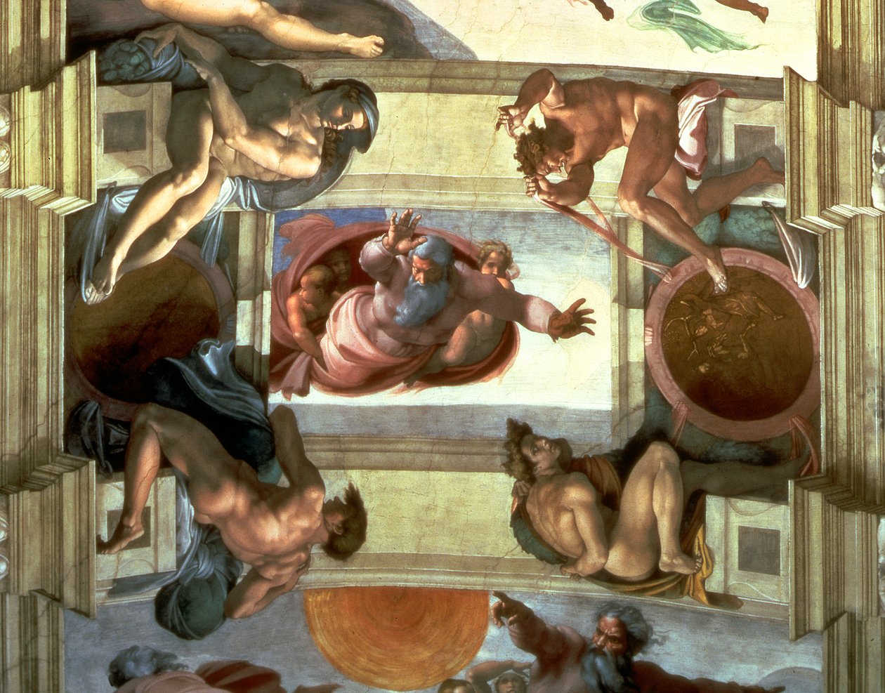 Strop Sixtinské kaple: Bůh oddělující zemi od moře, se čtyřmi Ignudi, 1510 (po restaurování) od Michelangelo Buonarroti