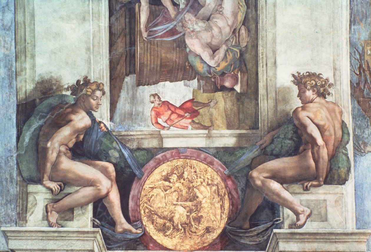 Strop Sixtinské kaple: Ignudi (před restaurováním) od Michelangelo Buonarroti