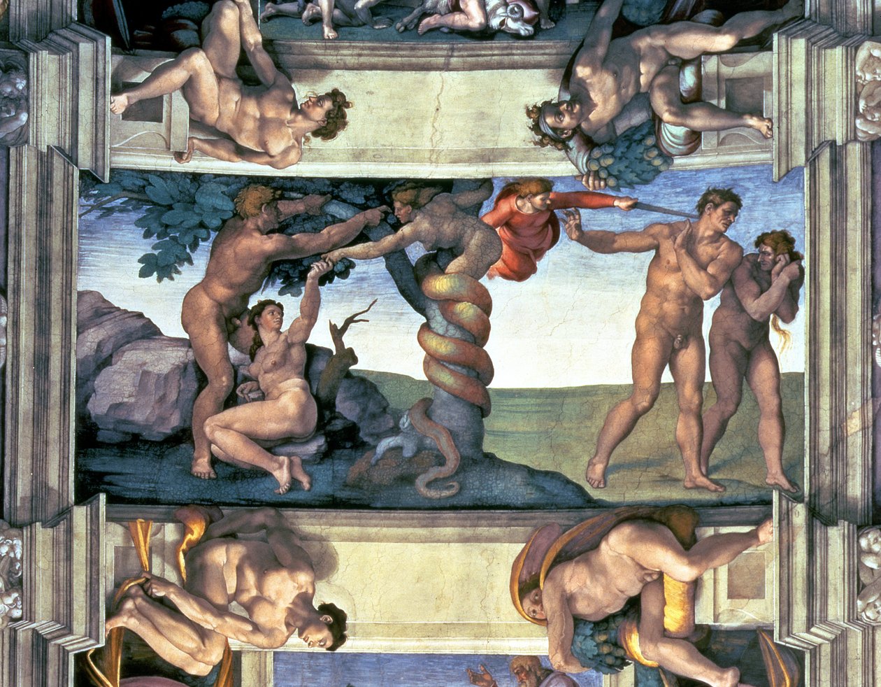 Strop Sixtinské kaple: Pád člověka a vyhnání z rajské zahrady, se čtyřmi Ignudi, 1510 (po restaurování) od Michelangelo Buonarroti