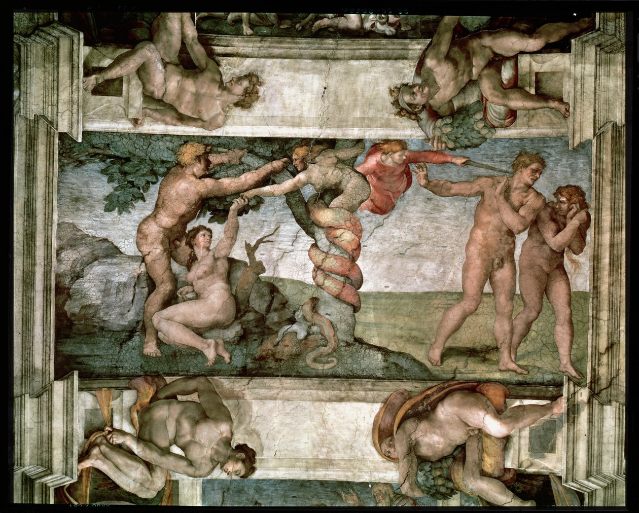 Strop Sixtinské kaple: Pád člověka a vyhnání z rajské zahrady, se čtyřmi Ignudi, 1510 (před restaurováním) od Michelangelo Buonarroti