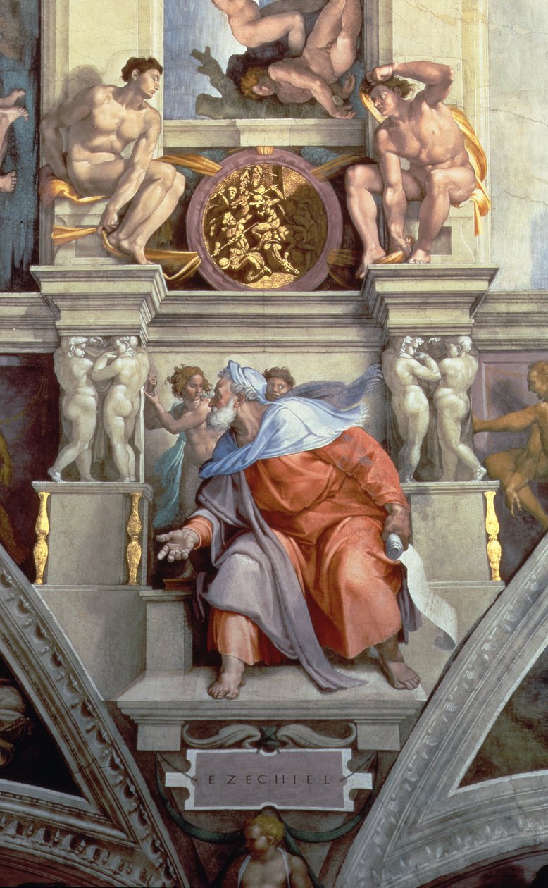 Strop Sixtinské kaple: Prorok Ezekiel, detail fresky z roku 1510 po restaurování 76588 od Michelangelo Buonarroti