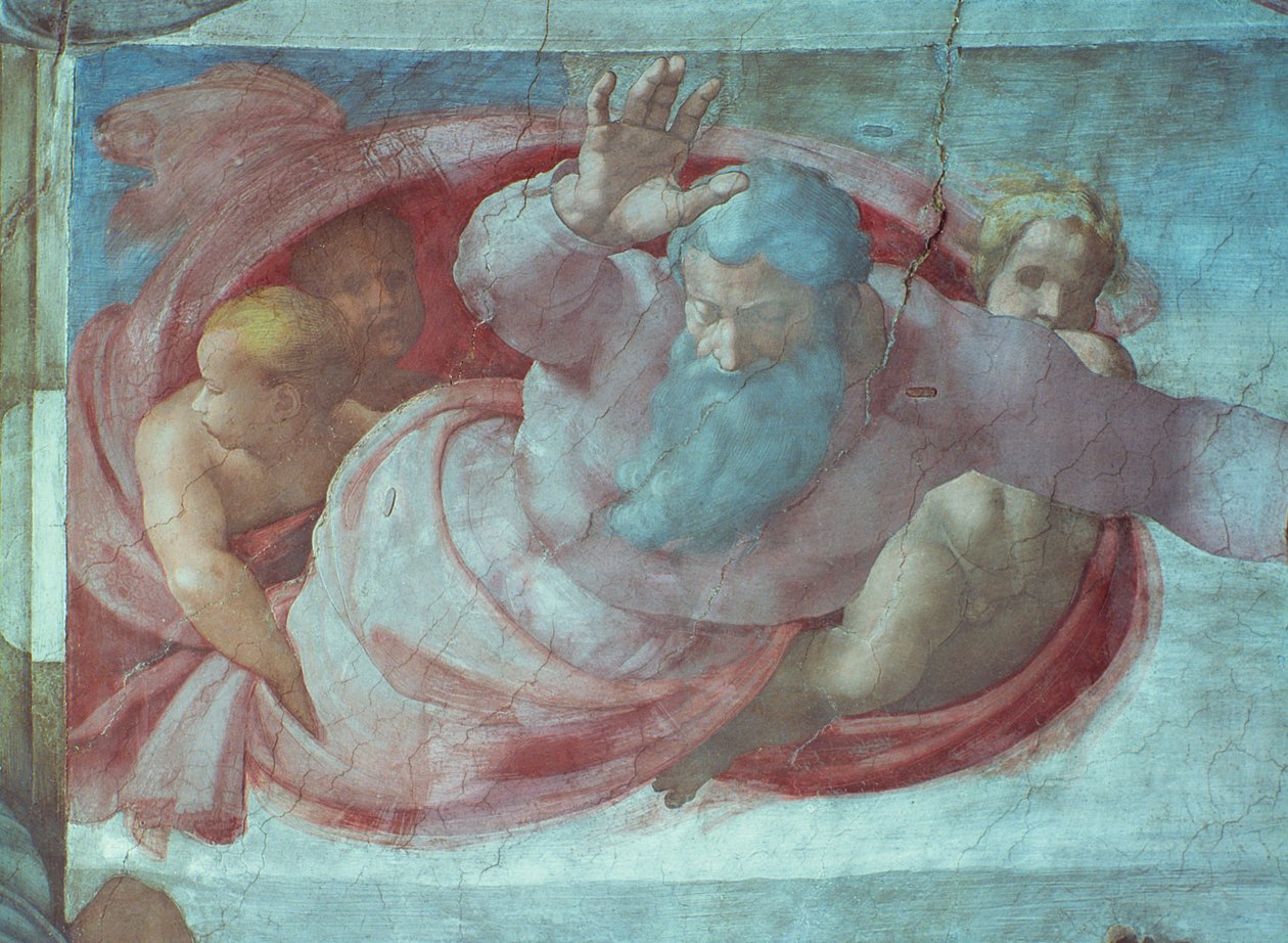 Sixtinská kaple: Bůh rozdělující vody a Zemi (před restaurováním) (detail) od Michelangelo Buonarroti