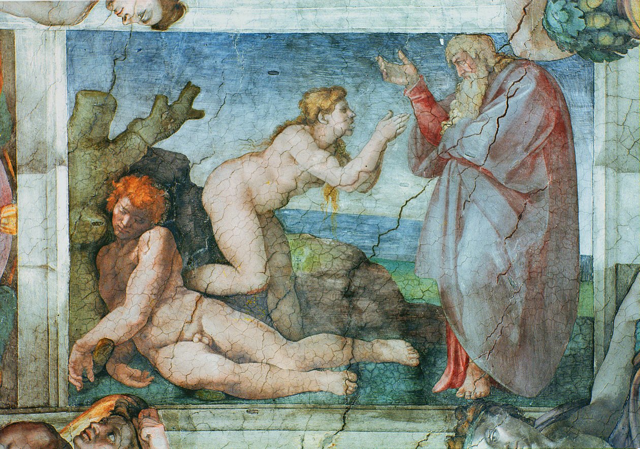 Strop Sixtinské kaple: Stvoření předvečera, se čtyřmi Ignudi, 1511 (před restaurováním) od Michelangelo Buonarroti