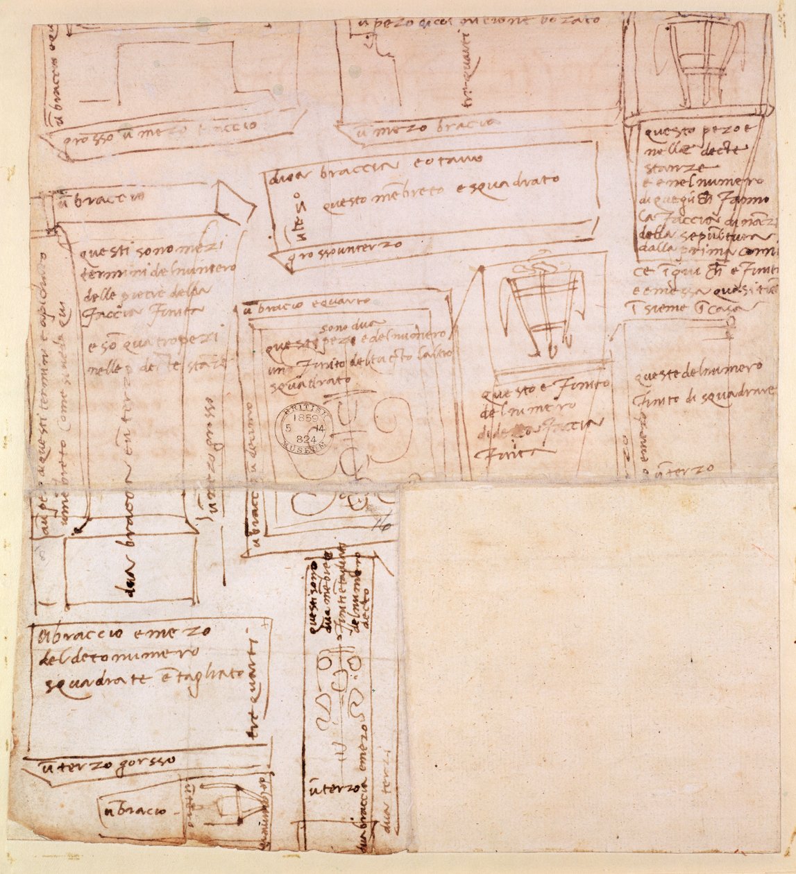 Náčrt mramorových bloků pro sochy s poznámkami (hnědý inkoust na papíře) (verze) od Michelangelo Buonarroti