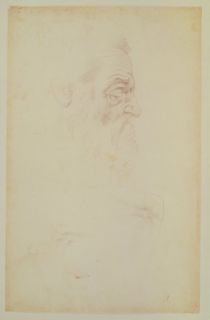 Náčrt mužské hlavy a dvou nohou (uhl na papíře) od Michelangelo Buonarroti