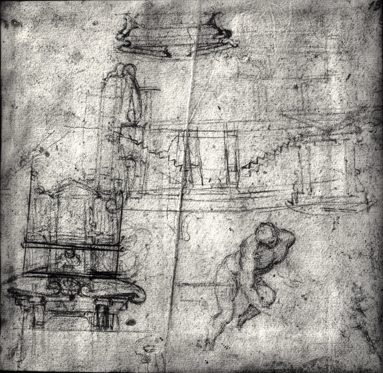 Skica s architektonickými studiemi a mužským aktem od Michelangelo Buonarroti