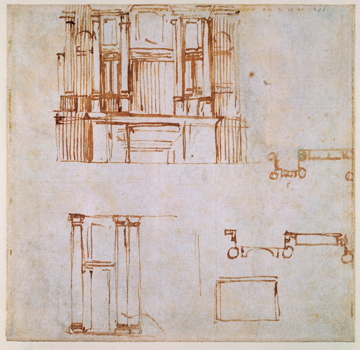 Studie k monumentální nástěnné hrobce (pro hrobky Klementa VII. a Lva X. projektované pro chór San Lorenzo, Florencie) 1525-26 (pero a hnědý papír na papíře) (recto) (obr. 191780) od Michelangelo Buonarroti