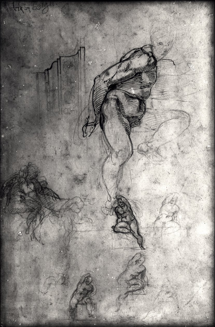 Studie pro postavy v Sixtinském stropě (pero, inkoust a tužka na papíře) od Michelangelo Buonarroti