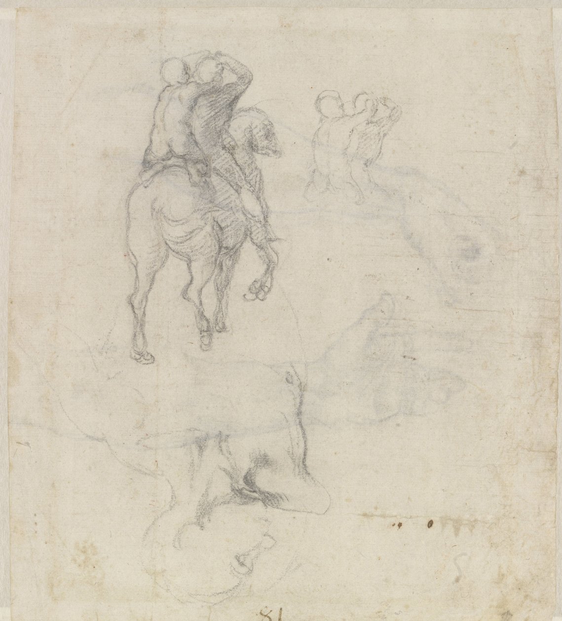 Studie koně s dvěma nahými jezdci a mužským trupem od Michelangelo Buonarroti