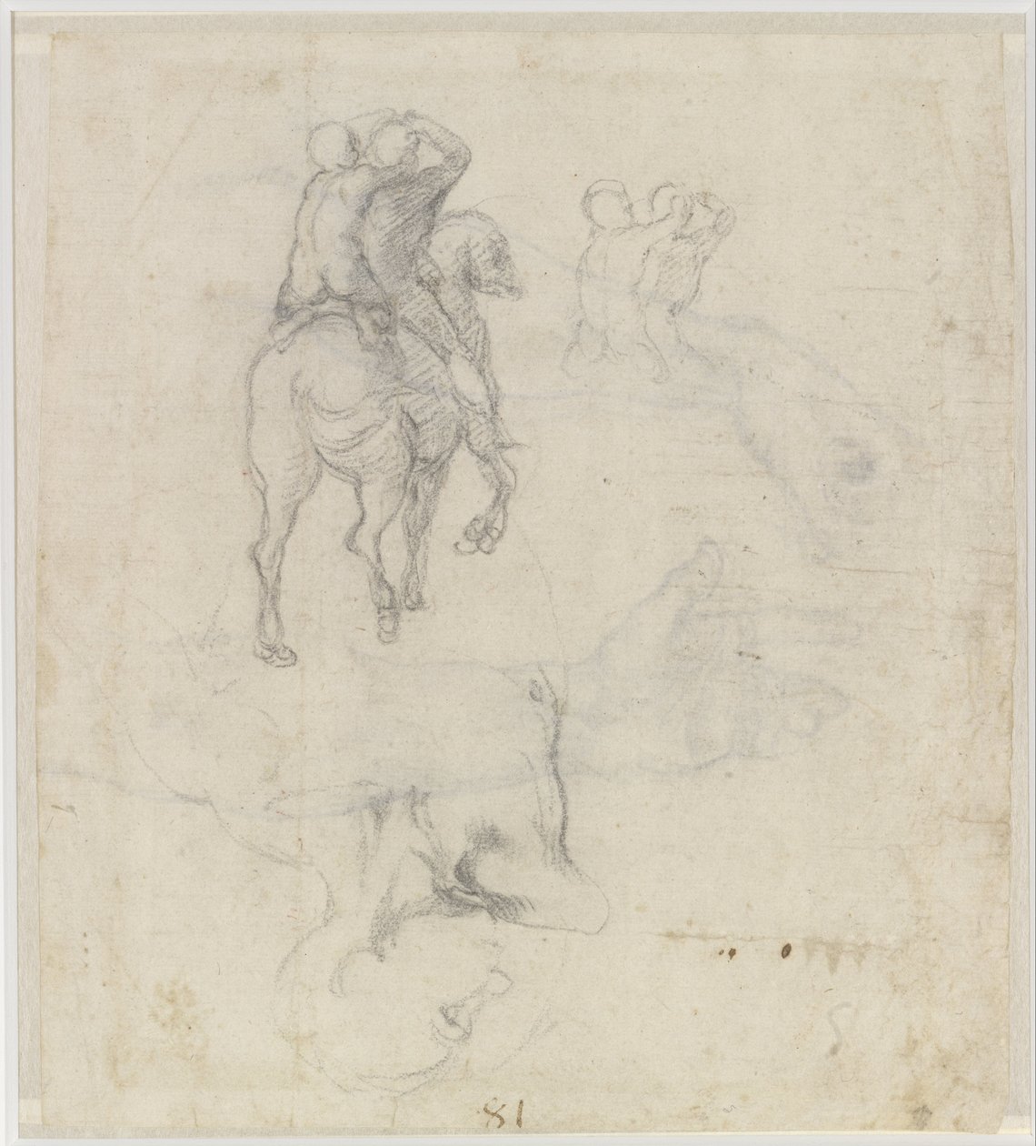 Studie koně s dvěma nahými jezdci a mužským trupem od Michelangelo Buonarroti