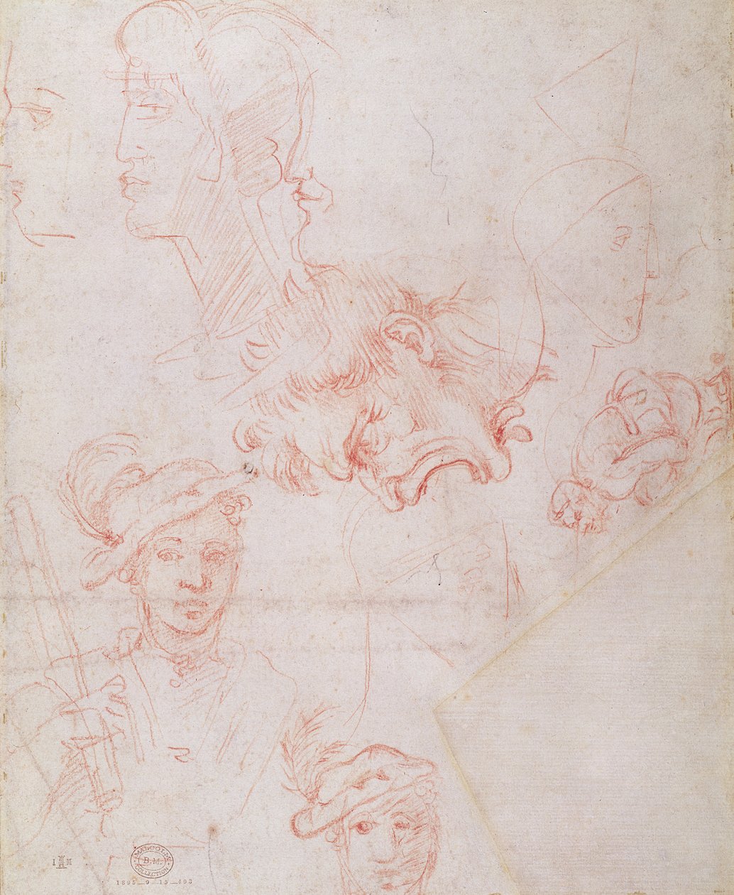 Studie hlav, 1508-12d (červená křída na papíře) (verso) od Michelangelo Buonarroti