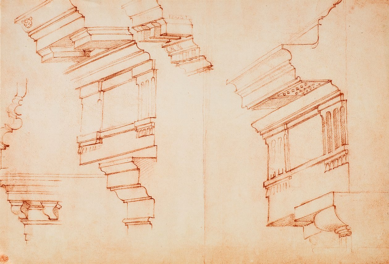 Studie pro kladí a římsu; kresba Michelangelo. Casa Buonarroti, Florencie od Michelangelo Buonarroti