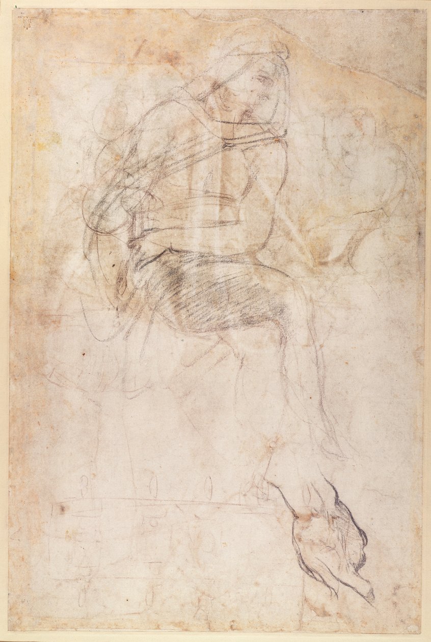 Studie pro Ignudi nad perskou Sibylou v Sixtinské kapli, 1508-12 (uhlí na papíře) (verso) od Michelangelo Buonarroti