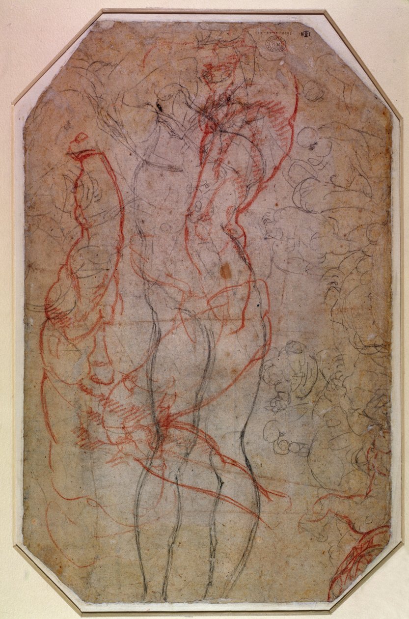 Studie postav a stvoření Adama (tužka a červená křída na papíře) (verso) od Michelangelo Buonarroti