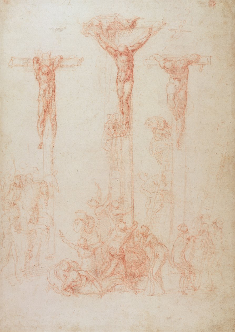 Studie tří křížů (červená křída na papíře) od Michelangelo Buonarroti