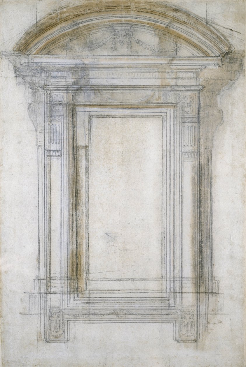Studie okna s půlkruhovým štítem, kolem 1546 (černá křída a pero na papíře) od Michelangelo Buonarroti