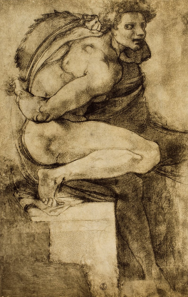 Studie mužského aktu s pokrčenou nohou, kresba Michelangelo. Kabinet kreseb a tisků, Uffizi, Florencie od Michelangelo Buonarroti