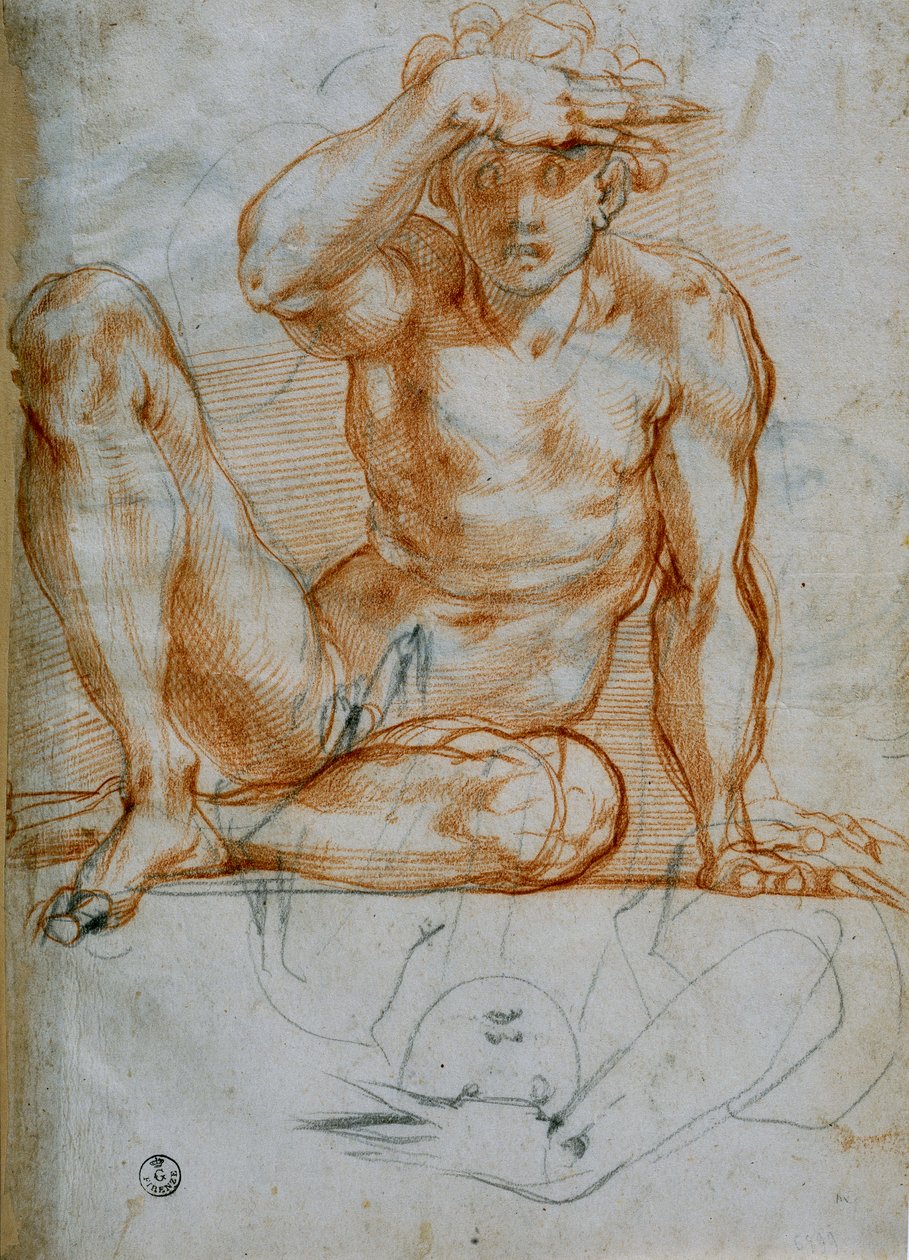 Studie aktu, který rukou vytváří stín (6599 F), červená tužka na papíře, Michelangelo Buonarroti (1475-1564), Kabinet kreseb a tisků, Galerie Uffizi, Florencie od Michelangelo Buonarroti