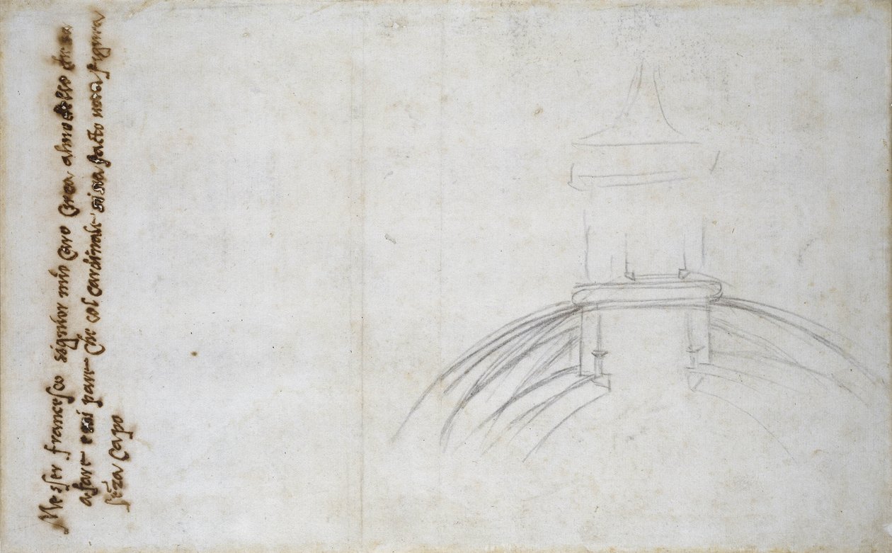 Studie lucerny u sv. Petra, 1557 (černá křída, pero a inkoust na papíře) od Michelangelo Buonarroti