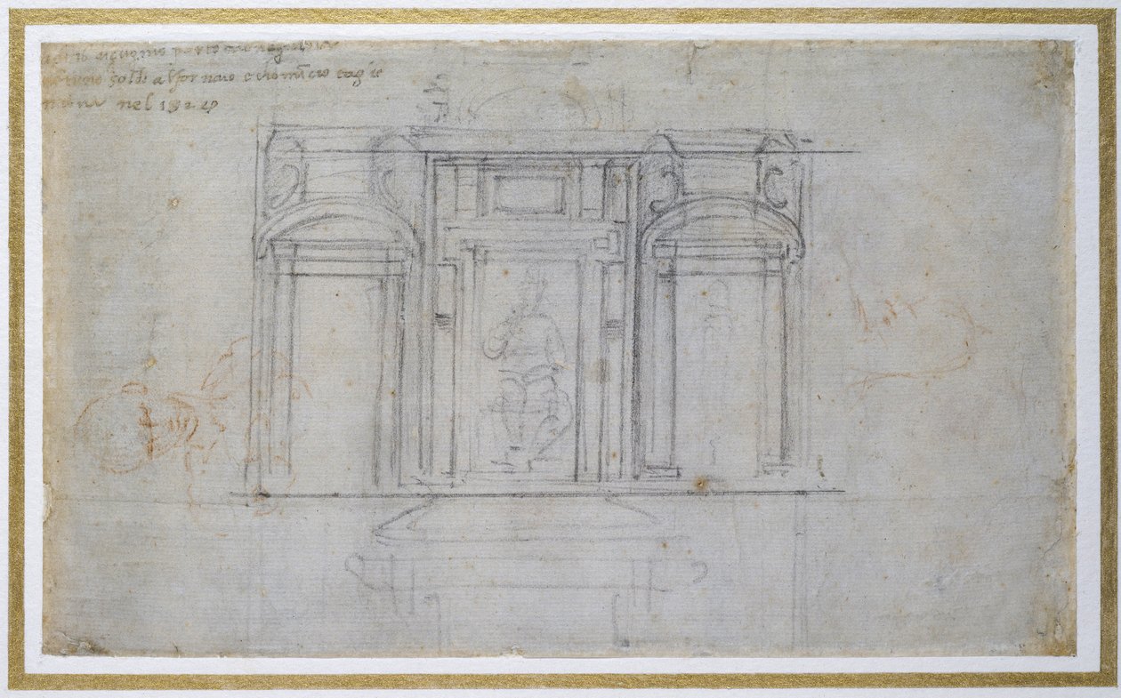 Studie horního patra Medicejské hrobky, kolem roku 1520 (černá a červená křída na papíře) od Michelangelo Buonarroti