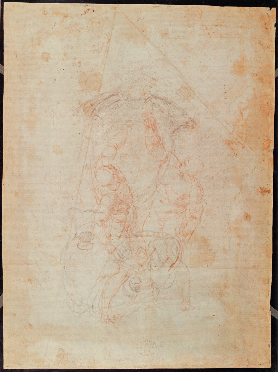 Studie dvou mužských postav (červená křída na papíře) (verze) od Michelangelo Buonarroti