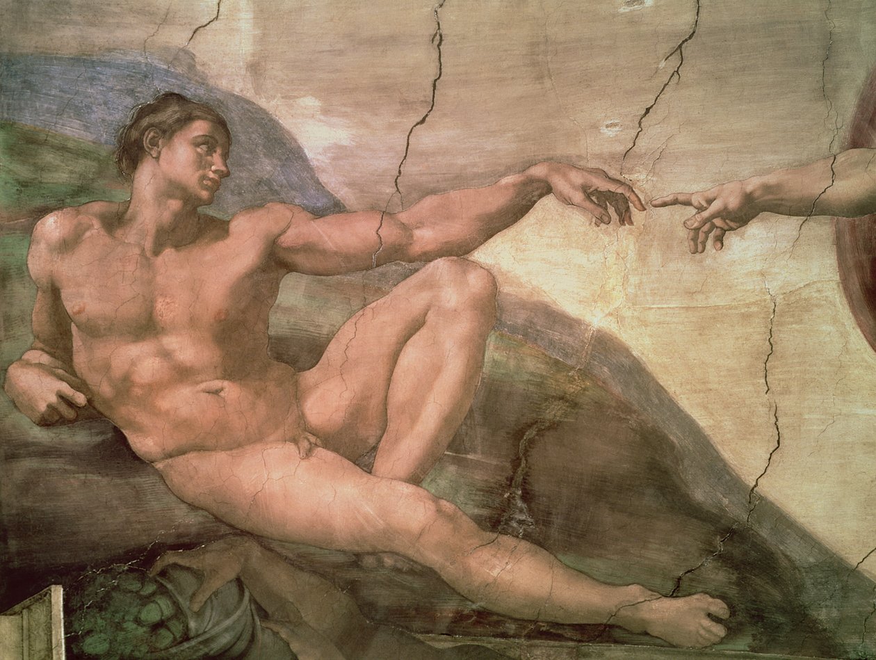 Stvoření Adama, od Sixtinského stropu, 1511 (před restaurováním) od Michelangelo Buonarroti